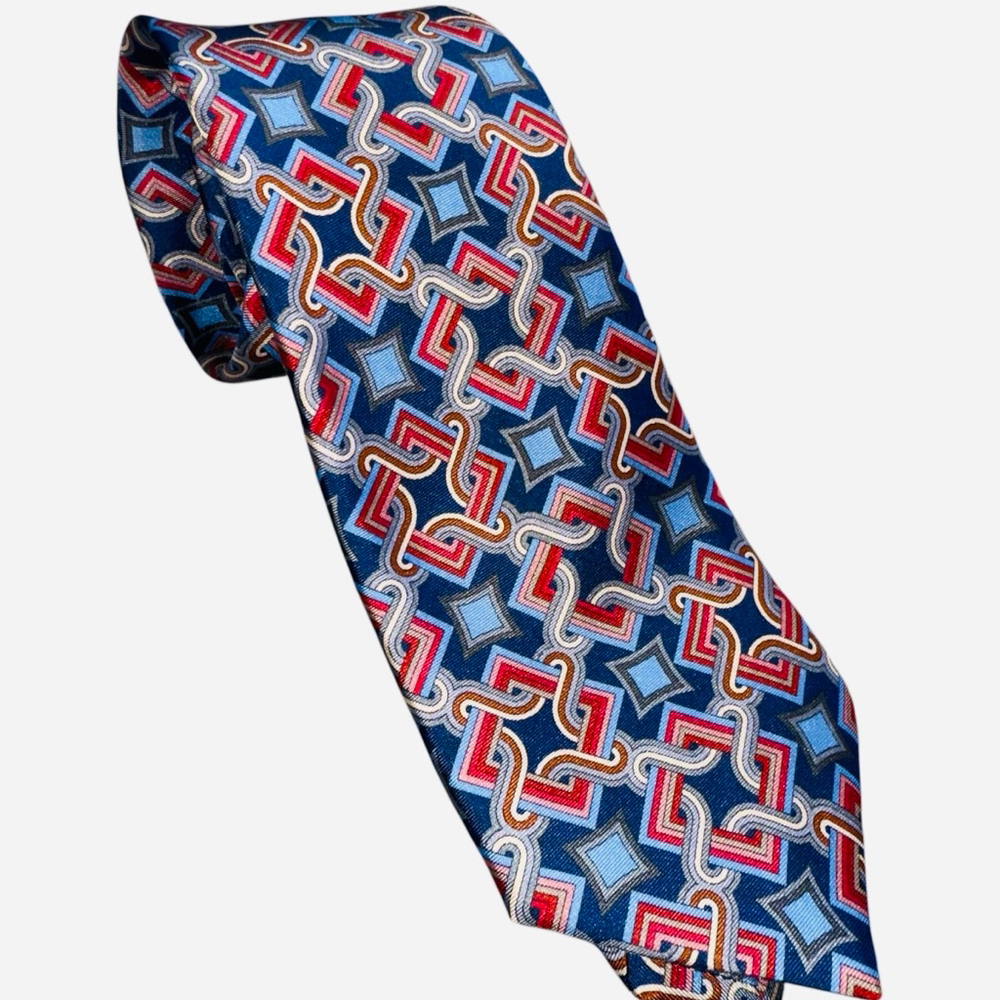 Daniel Cremieux Italian Silk‎ Tie Blue Red Geo Mantero Print NWT